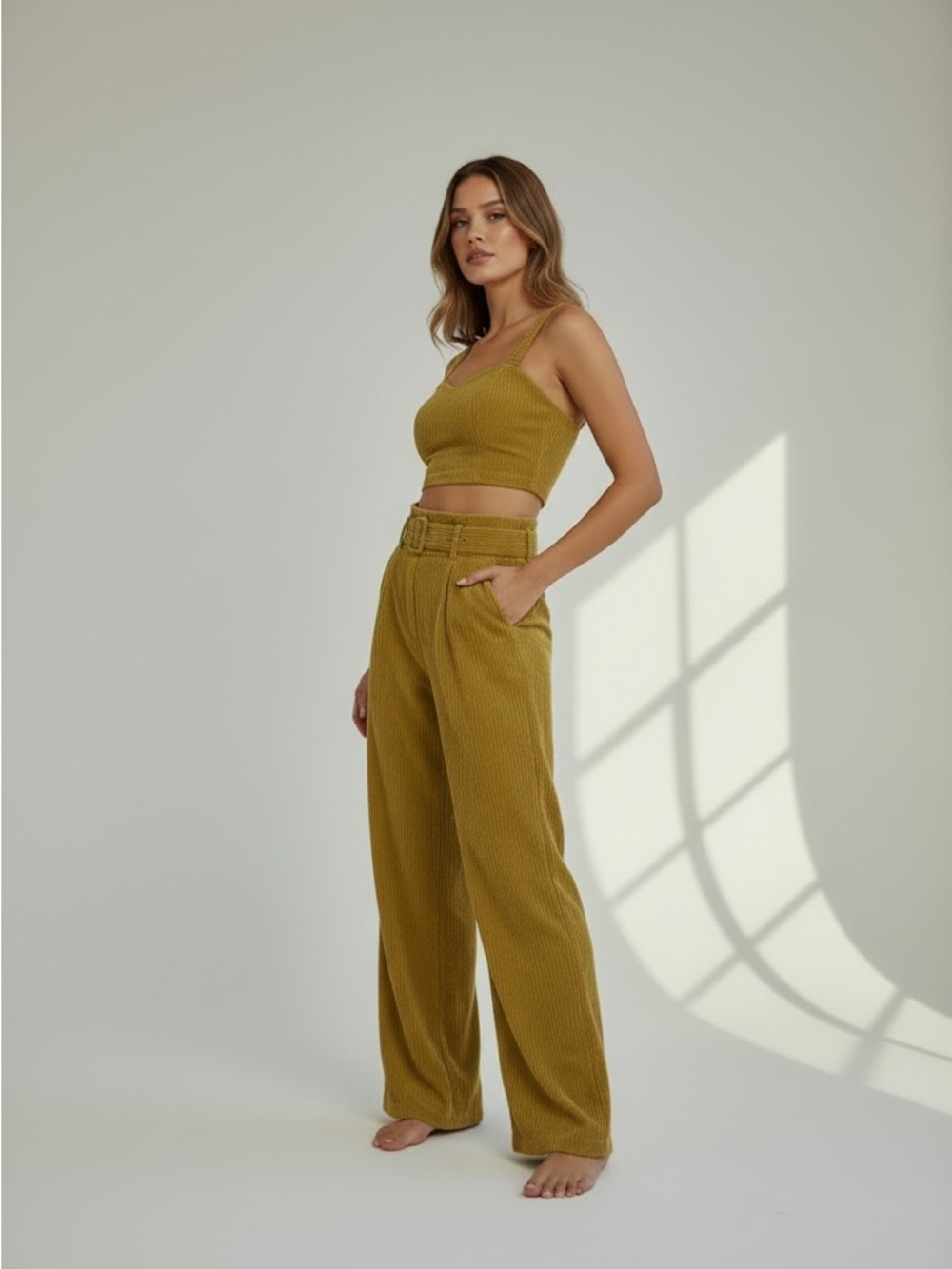 Honey Punch Olive Green Ribbed Wide Leg Pants with Belt - Picture 3 of 5